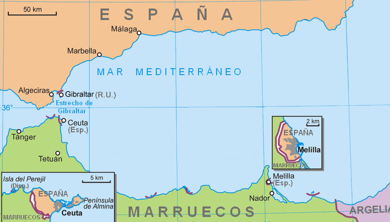 Mapa do sul da Espanha e do norte do Marrocos. O Estreito de Gibraltar aparece à esquerda e as cidades de Ceuta e Melilla, pertencentes aos espanhóis, estão em destaque.